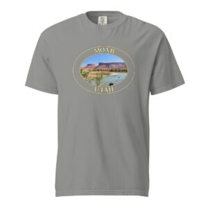 Grey Comfort Colors heavyweight T-shirt featuring a scenic view of the Colorado River in Moab, Utah, framed in an oval border.