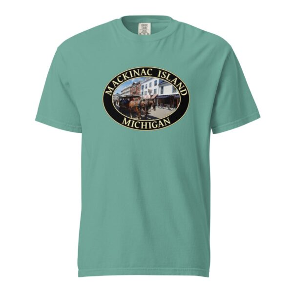 Mackinac Island T-Shirt - Downtown Horse and Carriage Graphic on Comfort Colors Heavyweight (Front print, black graphic) - Image 5