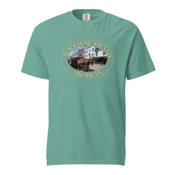 Mackinac Island T-Shirt - Downtown Horse and Carriage Graphic on Comfort Colors Heavyweight (Front print, transparent graphic) - Image 5