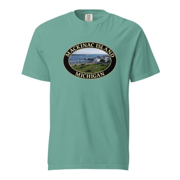 Mackinac Island T-Shirt - Harbor and Downtown Graphic on Comfort Colors Heavyweight (Front print, black graphic) - Image 5