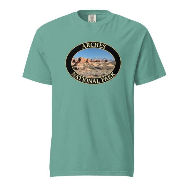 The Windows Arches National Park T-Shirt – Scenic Desert Arch Vista Comfort Colors Tee (Front print, black graphic) - Image 5