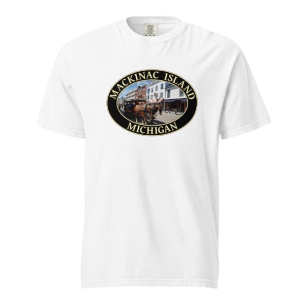 Mackinac Island T-Shirt - Downtown Horse and Carriage Graphic on Comfort Colors Heavyweight (Front print, black graphic) - Image 7