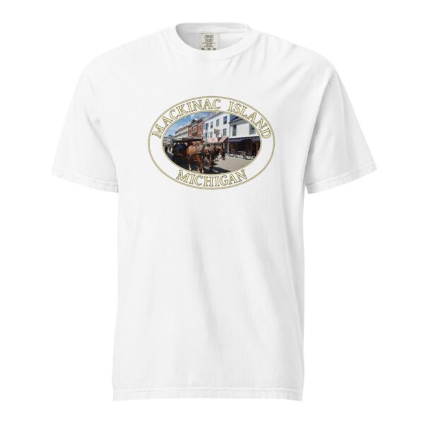 Mackinac Island T-Shirt - Downtown Horse and Carriage Graphic on Comfort Colors Heavyweight (Front print, transparent graphic) - Image 7