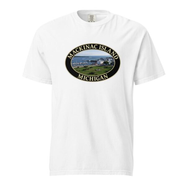 Mackinac Island T-Shirt - Harbor and Downtown Graphic on Comfort Colors Heavyweight (Front print, black graphic) - Image 7