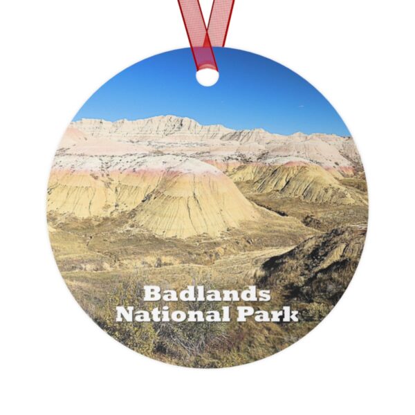 Badlands National Park ornament featuring the Yellow Mounds, a 3.5-inch aluminum ornament with a red ribbon for hanging