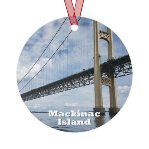 Mackinac Island ornament featuring the Mighty Mac Bridge, printed on a 3.5-inch aluminum circle with a red ribbon for hanging