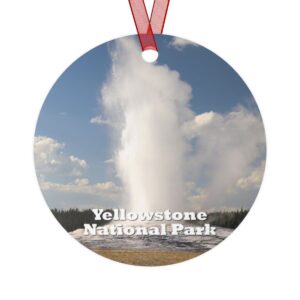 A 3.5-inch aluminum ornament featuring a breathtaking image of Old Faithful geyser erupting at Yellowstone National Park. Includes a red ribbon for hanging.