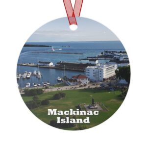 Mackinac Island ornament featuring the Harbor and Downtown scene, printed on a 3.5-inch aluminum circle with a red ribbon for hanging