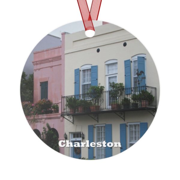 Charleston ornament featuring the iconic Rainbow Row homes in pastel colors, printed on a 3.5-inch aluminum circle with a red ribbon for hanging