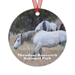 Theodore Roosevelt National Park ornament featuring wild horses grazing, printed on a 3.5-inch aluminum circle with a red ribbon for hanging