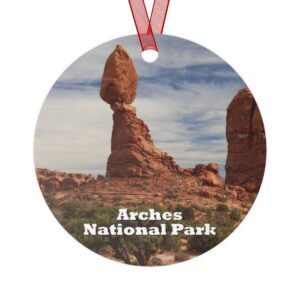 Balanced Rock ornament from Arches National Park, 3.5-inch aluminum with red ribbon and stunning red rock landscape.