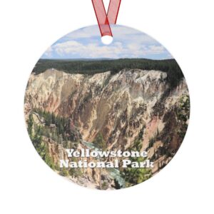 A 3.5-inch aluminum ornament featuring a vivid image of the Grand Canyon of the Yellowstone and the flowing Yellowstone River. Includes a red ribbon for hanging.