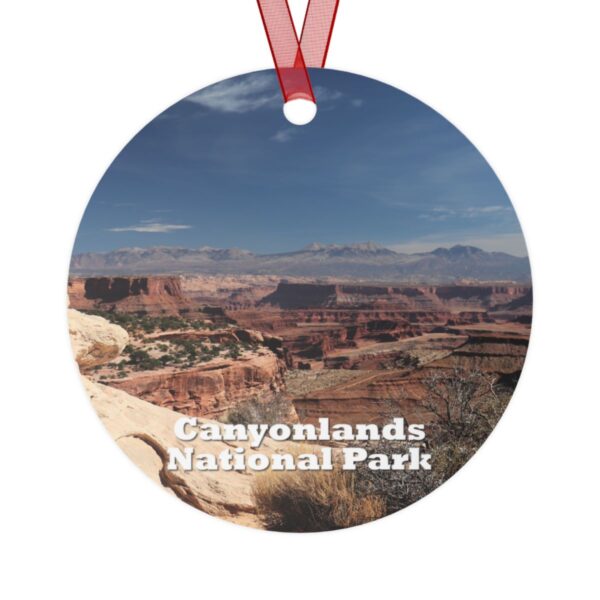 Canyonlands National Park ornament showcasing a scenic desert landscape, 3.5-inch aluminum with red ribbon