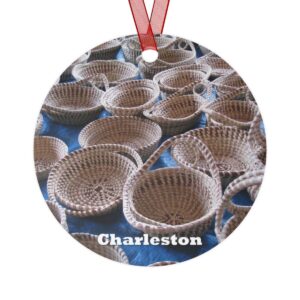 Charleston ornament featuring intricate sweetgrass baskets from the historic market, printed on a 3.5-inch aluminum circle with a red ribbon for hanging