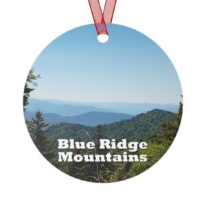 Blue Ridge Mountains ornament featuring a scenic North Carolina landscape, printed on a 3.5-inch aluminum circle with a red ribbon for hanging