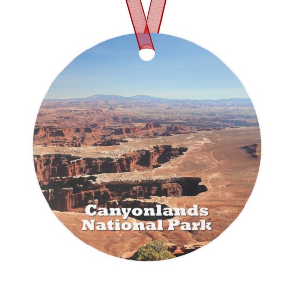 Grand View Point ornament from Canyonlands National Park, 3.5-inch aluminum with red ribbon showcasing stunning canyon landscapes