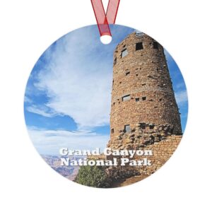 Grand Canyon National Park ornament featuring the iconic Watchtower, printed on a 3.5-inch aluminum circle with a red ribbon for hanging