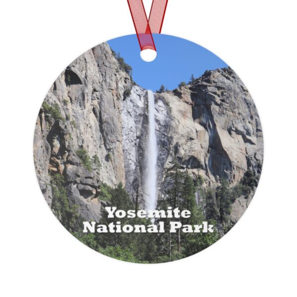 Yosemite National Park ornament featuring Bridalveil Falls, printed on a 3.5-inch aluminum circle with a red ribbon for hanging