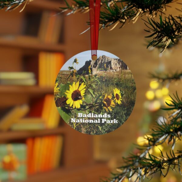 Badlands National Park Ornament - Sunflowers in the Badlands, 3.5" Double-Sided Aluminum Christmas Ornament, Personalized Gift - Image 3