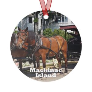 Mackinac Island ornament featuring a horse and carriage on West Bluff, printed on a 3.5-inch aluminum circle with a red ribbon for hanging