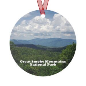 Great Smoky Mountains National Park ornament featuring a scenic view of Tennessee mountains, 3.5-inch aluminum design with red ribbon