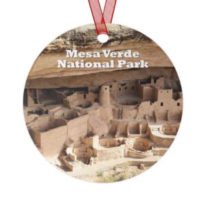 Mesa Verde National Park ornament featuring the iconic Cliff Palace, printed on a 3.5-inch aluminum circle with a red ribbon for hanging