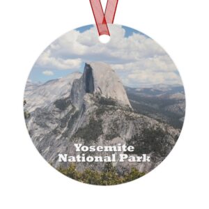 Yosemite National Park ornament featuring Half Dome, printed on a 3.5-inch aluminum circle with a red ribbon for hanging