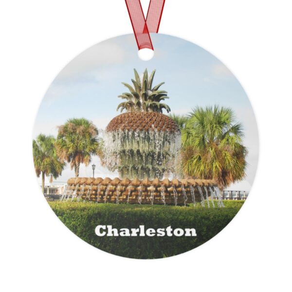 Charleston ornament featuring the iconic Pineapple Fountain, printed on a 3.5-inch aluminum circle with a red ribbon for hanging