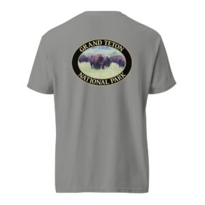 Grey Comfort Colors heavyweight T-shirt featuring a scenic image of wild buffalo grazing at Grand Teton National Park, framed in an oval border.