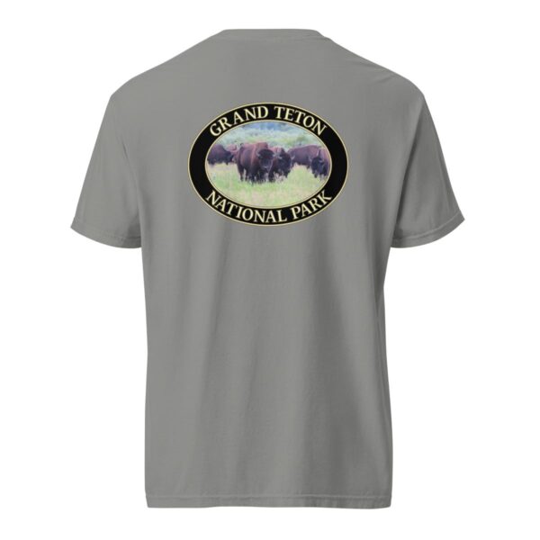 Grey Comfort Colors heavyweight T-shirt featuring a scenic image of wild buffalo grazing at Grand Teton National Park, framed in an oval border.