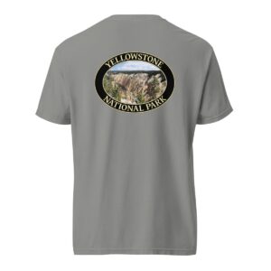 Grey Comfort Colors heavyweight T-shirt featuring a scenic image of the Grand Canyon of Yellowstone National Park, framed in an oval border.