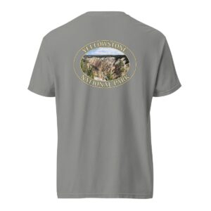 Grey Comfort Colors heavyweight T-shirt featuring a scenic image of the Grand Canyon of Yellowstone National Park, framed in an oval border.