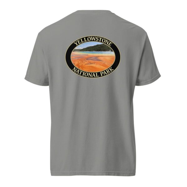 Grey Comfort Colors heavyweight T-shirt featuring a vibrant image of the Grand Prismatic Spring at Yellowstone National Park, framed in an oval border.