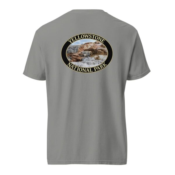 Grey Comfort Colors heavyweight T-shirt featuring a scenic image of Mammoth Hot Springs terraces at Yellowstone National Park, framed in an oval border.