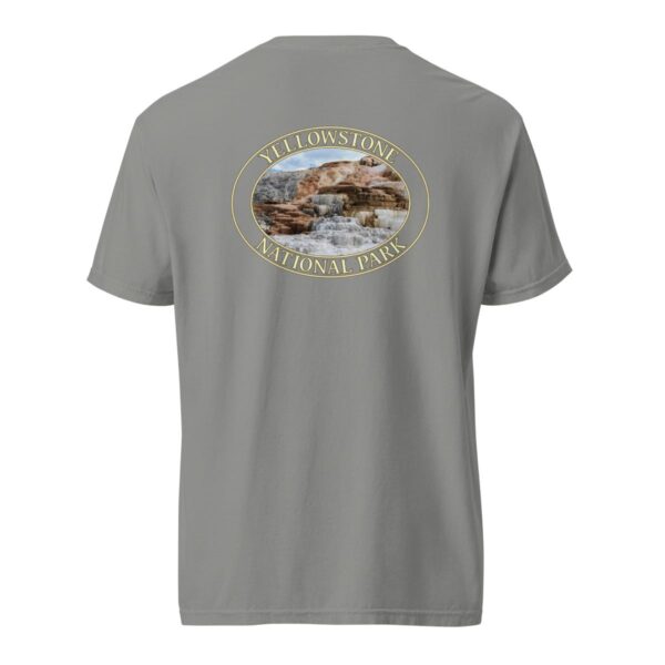 Grey Comfort Colors heavyweight T-shirt featuring a scenic image of Mammoth Hot Springs terraces at Yellowstone National Park, framed in an oval border.