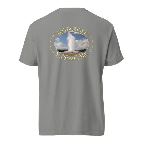 Grey Comfort Colors heavyweight T-shirt featuring a scenic image of the Old Faithful Geyser erupting at Yellowstone National Park, framed in an oval border.