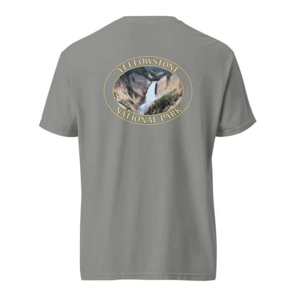 Grey Comfort Colors heavyweight T-shirt featuring a scenic image of Lower Yellowstone Falls at Yellowstone National Park, framed in an oval border.