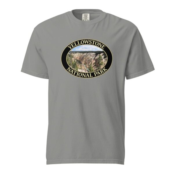 Grey Comfort Colors heavyweight T-shirt featuring a scenic image of the Grand Canyon of Yellowstone National Park, framed in an oval border.