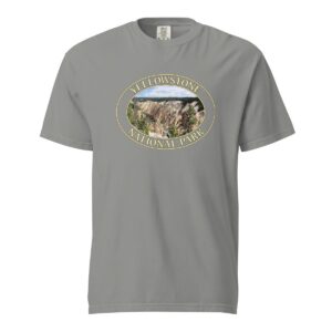 Grey Comfort Colors heavyweight T-shirt featuring a scenic image of the Grand Canyon of Yellowstone National Park, framed in an oval border.