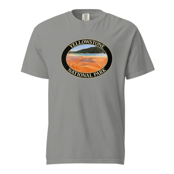 Grey Comfort Colors heavyweight T-shirt featuring a vibrant image of the Grand Prismatic Spring at Yellowstone National Park, framed in an oval border.