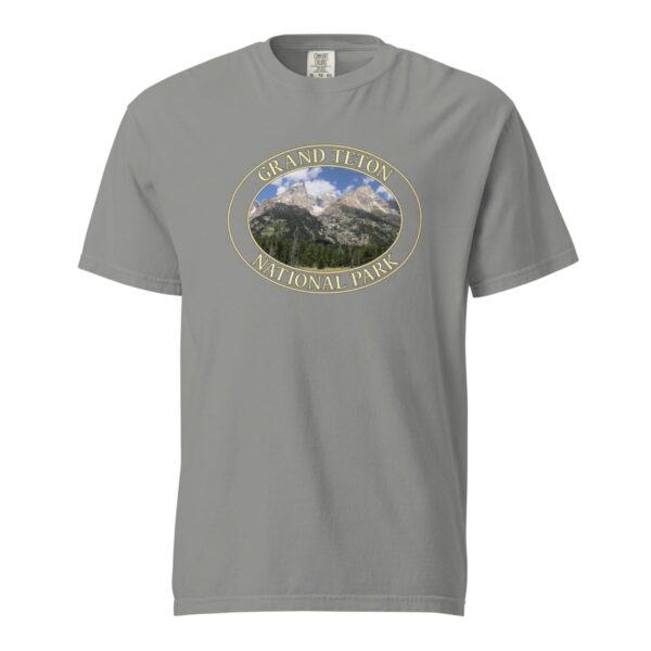 Grey Comfort Colors heavyweight T-shirt featuring a scenic image of the Grand Teton Mountains at Grand Teton National Park, framed in an oval border.