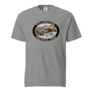 Grey Comfort Colors heavyweight T-shirt featuring a scenic image of Mammoth Hot Springs terraces at Yellowstone National Park, framed in an oval border.