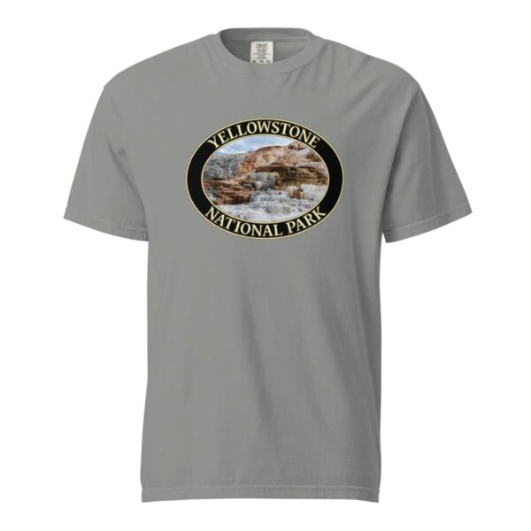 Grey Comfort Colors heavyweight T-shirt featuring a scenic image of Mammoth Hot Springs terraces at Yellowstone National Park, framed in an oval border.