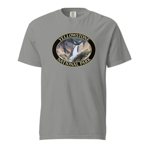 Grey Comfort Colors heavyweight T-shirt featuring a scenic image of Lower Yellowstone Falls at Yellowstone National Park, framed in an oval border.