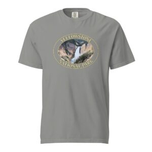 Grey Comfort Colors heavyweight T-shirt featuring a scenic image of Lower Yellowstone Falls at Yellowstone National Park, framed in an oval border.