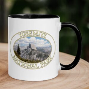 Half Dome Yosemite National Park coffee mug featuring a scenic mountain landscape, with a colorful handle and interior.