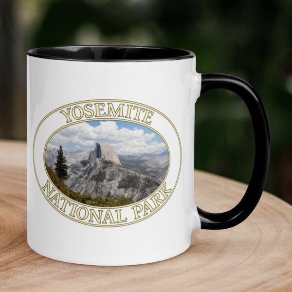 Half Dome Yosemite National Park coffee mug featuring a scenic mountain landscape, with a colorful handle and interior.