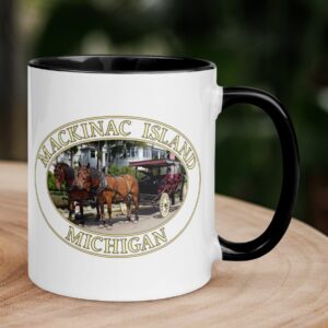 Horse and carriage on West Bluff Mackinac Island Michigan coffee mug featuring historic Victorian homes, with a colorful handle and interior.