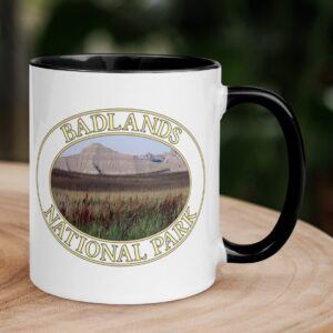 Reeds at Badlands National Park coffee mug featuring prairie grasslands and rock formations.