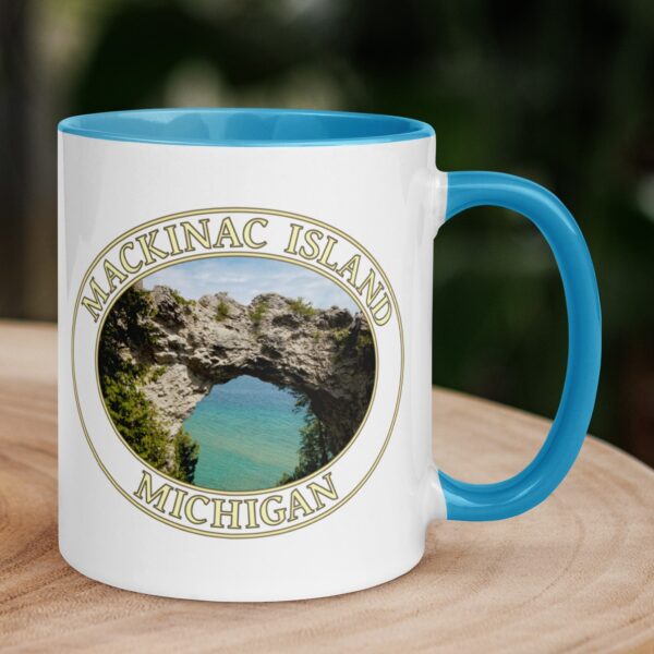 Arch Rock Mackinac Island Michigan coffee mug featuring a natural limestone arch with a view of Lake Huron, with a colorful handle and interior.